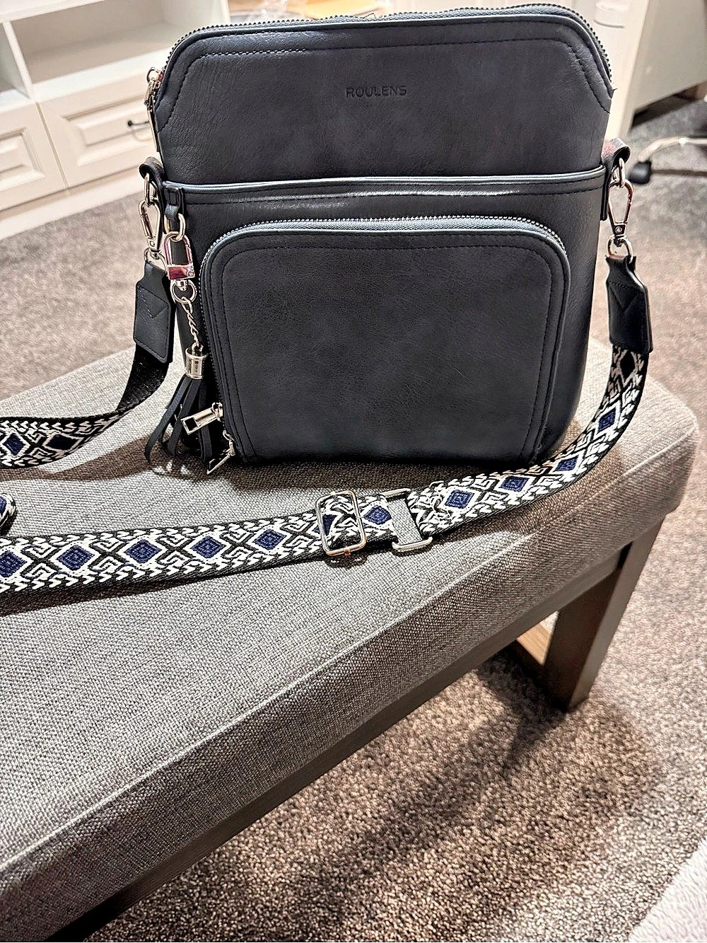Roulens Multi-Pocket Crossbody Bag with Guitar Strap, Black & Blue